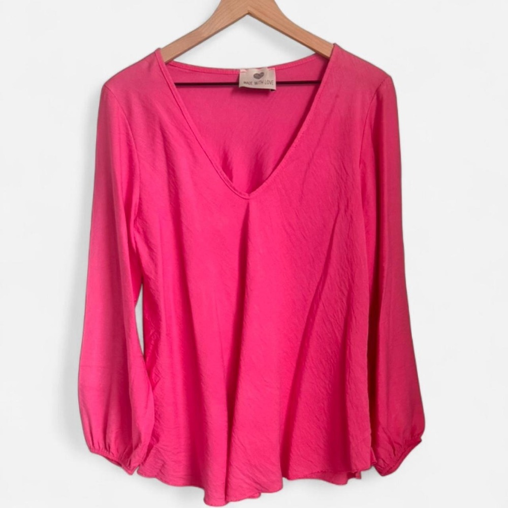 Made With Love Hot Pink V-Neck Blouse Balloon Sleeve Barbiecore